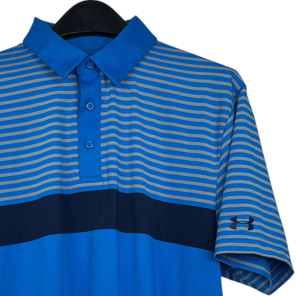 Under Armour Mens L HeatGear Coldblack Golf Polo Shirt Blue Striped Loose Fit‎